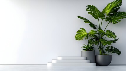 Poster - Stunning Sleek Modern Office Setting with a Pristine White Wall Backdrop Ideal for Product Displays Featuring a Lush Green Potted Plant and Minimalist Clean lined Design