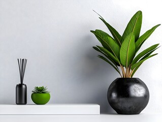 Poster - Bright and airy modern office environment with pristine white walls perfect for displaying products complemented by a vibrant green potted plant adding a touch of nature and a muted