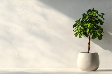 Poster - Chic and contemporary office nook with pristine white walls creating a serene ambiance  A flourishing green potted plant complements the refined and uncluttered composition