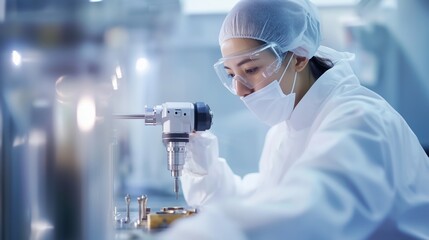Poster - scientist conducts research in a laboratory with precision tools in a clean environment