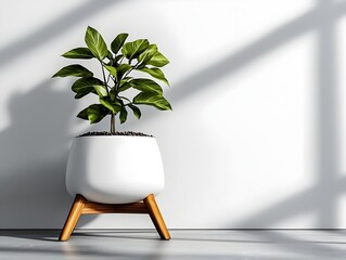Poster - Bright and airy modern office nook with minimalist white walls creating a clean backdrop a thriving verdant potted plant adding a natural touch