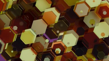 Poster - 3D loop animation of a multitude of hexagons, transparent cells in motion. Cells appear moving away from the camera. A hundredth of different colors. Abstract 3D animation for the desktop.