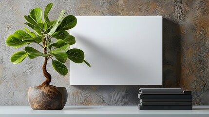 Poster - Sleek minimalist modern office space featuring a crisp white wall canvas enhanced by the organic presence of a thriving potted plant placed with intentional symmetry