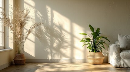 Poster - Bright and Airy Interior with Plants and Soft Natural Light in a Cozy Living Space