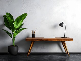 Poster - Serene Minimalist Office Space with Wooden Desk Potted Plant and Modern Lamp Providing a Tranquil and Productive Atmosphere