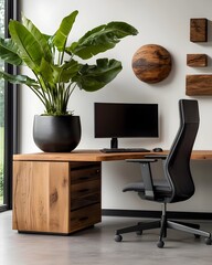 Poster - Elegant and minimalist Scandinavian inspired professional office space featuring a plain white wall modern wood and metal furnishings and a lush foliage plant accent