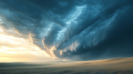 Aufkleber - Majestic clouds swirl in a dance of light and shadow, casting an ethereal glow over the expansive landscape. The horizon blushes with the colors of twilight, creating a serene yet powerful atmosphere