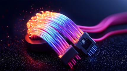 Poster - Mesmerizing fiber optic cables twisting and intertwining in a vibrant rainbow colored display emitting a soft luminescent glow against a pitch black moody background in this futuristic