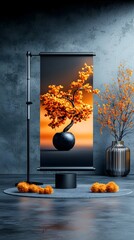 Poster - Blank roll up advertisement showcased in a contemporary industrial style studio setting with dynamic angles metallic and glass textures dramatic chiaroscuro lighting