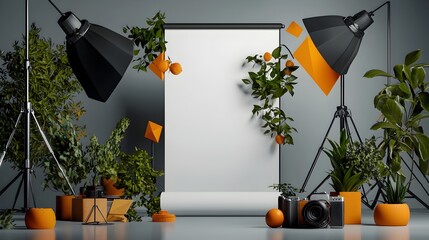 Poster - Elegant high contrast geometric roll up banner design with a matte finish strong shadows and a clean studio backdrop created using directional studio lighting and 3D rendering techniques