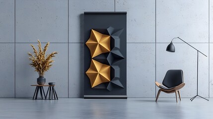 Poster - Minimalistic and Modern Roll Up Banner Template Featuring a Clean White Background Sleek Geometric Shapes and Sophisticated 3D Rendering for Photography Studio Lighting Effects