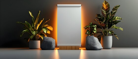 Poster - Blank white roll up display in a minimalist studio space with clean lines simple geometric forms and gentle illumination  This 3D rendered image showcases a modern
