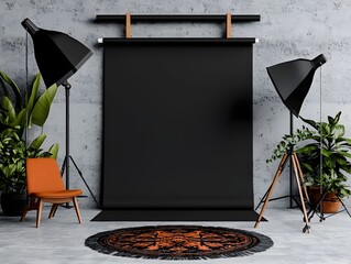 Poster - Blank monochrome roll up display in a bright airy 3D rendered studio featuring a crisp and modern aesthetic with dramatic lighting  Perfect for product presentations commercial photography