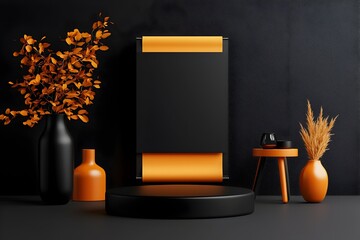 Poster - Bright and airy photography studio workspace with a sleek roll up presentation board featuring a backlit display panel and natural lighting showcasing a modern and minimalist studio design
