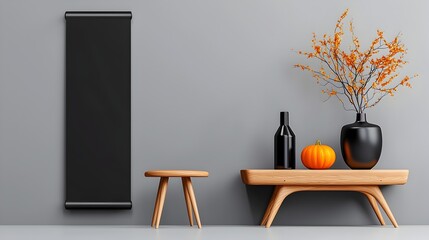 Poster - Seamless roll up banner mockup showcased in a clean minimalist studio setting with a high key contemporary aesthetic  The design features sleek