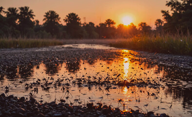 Poster - Body of water with a sunset in the background. The water is murky and has a lot of bugs in it