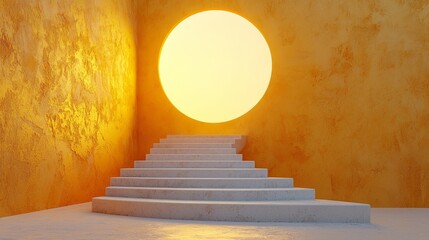 Poster - Bright Yellow Wall with Circular Sun Through Open Space and Stairs Leading Towards Warm Light in Modern Architecture