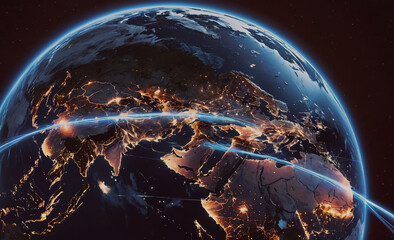 Poster - large, illuminated globe with a blue and black color scheme. the globe is lit up with a blue and bla
