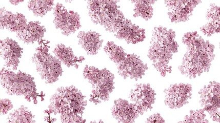 Poster - Delicate lilac flowers arranged randomly on a clean white background, showcasing their soft purple hues and intricate details, floral design, nature, pattern, minimalism.