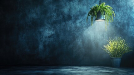 Poster - Indoor greenery illuminated under light with dark textured background and ample copy space for creative projects or advertisements
