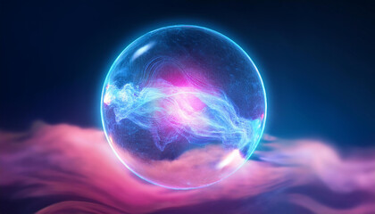 Wall Mural - abstract magical round energy sphere. glowing ball. neon blue and pink clouds on backdrop.