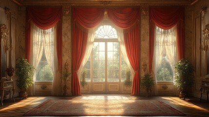 Poster - Elegant interior with vibrant red curtains framing a sunlit window showcasing a serene garden view in a classic setting.