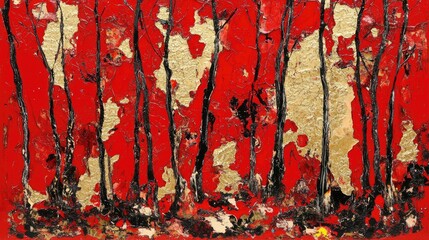 Poster - abstract art of red and gold forest silhouette with textured layers representing nature's vibrancy a