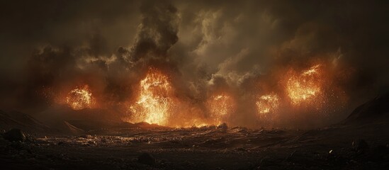 Poster - Dramatic flames and glowing fireballs illuminate a dark sky over a rugged landscape during a captivating evening display