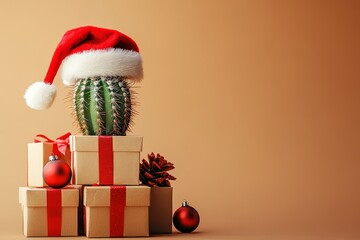 Wall Mural - Cactus wearing a Christmas hat surrounded by gift boxes and red ornaments on a light background, Santa cactus concept for holiday card or poster design.