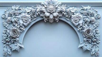 Poster - Elegant floral relief molding design with intricate details on a soft blue background, perfect for classic decor and architectural accents.