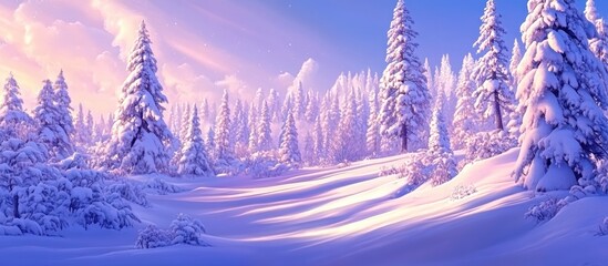 Poster - stunning winter landscape bathed in warm sunlight showcasing serene snow-covered trees and a picture