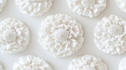 Poster - Elegant flat lay of white floral decorations resembling fresh cauliflower on a light background perfect for food or design themes.