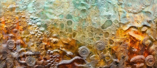 Poster - Textured Metal Background with Colorful Glass Surface and Organic Patterns Ideal for Artistic or Creative Design Projects