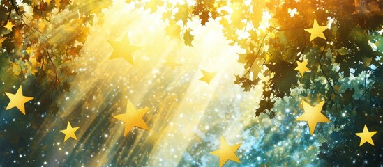 Poster - Joyful festive background with golden stars and ethereal light rays creating a warm holiday atmosphere for celebrations and special occasions