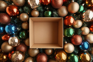 Wall Mural - overhead view of an empty open christmas present gift box surrounded by festive baubles