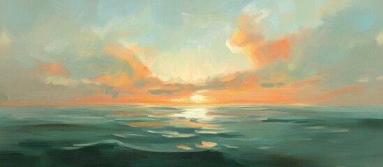 Poster - serene seascape at sunset with vibrant clouds and calm waters reflecting warm hues of orange and blu