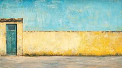 Poster - Colorful vintage concrete wall with a teal door and vibrant yellow textures perfect for backgrounds and architectural designs