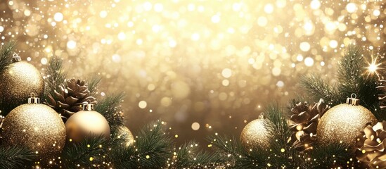 Poster - Golden holiday backdrop with decorative light spheres, pine branches, and shimmering bokeh for festive celebrations and seasonal imagery.