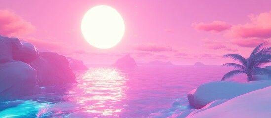 Poster - vibrant sunset over calm ocean with pink sky and silhouetted rocks in serene tropical landscape