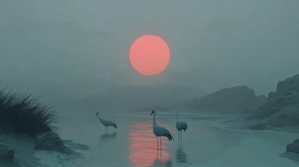 Poster - cranes silhouetted against a foggy sunrise by tranquil waters in serene landscape