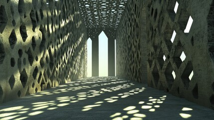 Poster - Architectural corridor featuring intricate lattice walls and dappled shadows creating a striking visual effect in natural lighting.