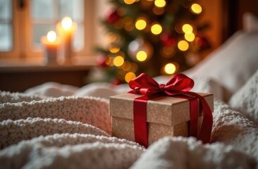 Wall Mural - Close-up of a gift box with a red ribbon lying on a bed against a blurred background of Christmas decor.