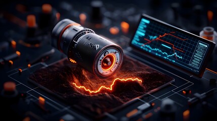 Poster - Meticulously recording earthquake events with a sophisticated sensor array capturing ground motion data displayed on a digital touchscreen interface revealing real time seismic readings