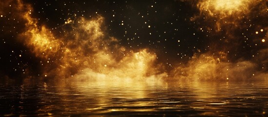 Poster - Golden fireworks illuminating the night sky above calm waters creating a stunning reflective display of light and color.
