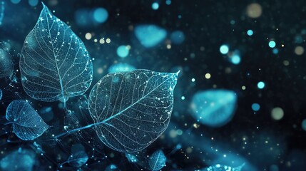 Poster - Translucent leaf fibers with a dreamy bokeh effect showcasing organic textures and soft blue hues for a nature-inspired background.