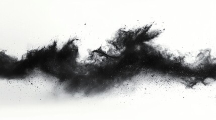 Poster - Dynamic black dust cloud explosion against a pristine white background capturing the essence of movement and energy in visual art.