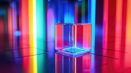 Poster - Colorful illuminated cube with reflections in a vibrant abstract setting showcasing light dynamics and geometric creativity