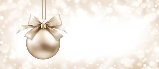 Poster - Elegant golden Christmas ornament with a ribbon bow hanging against a soft bokeh background conveying festive holiday cheer