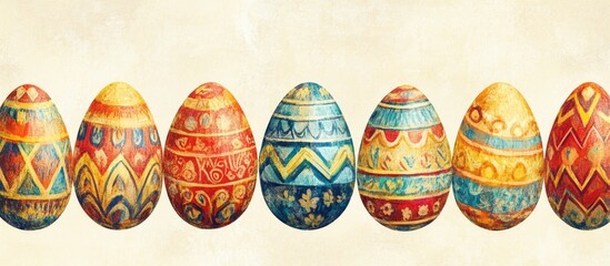 Wall Mural - Colorful Easter eggs in retro design arranged in a row on a textured background for spring holiday greeting card or decoration.