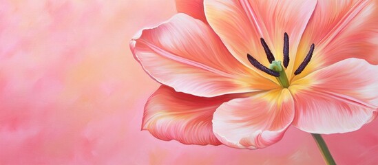 Poster - Delicate pink tulip in close-up showcasing intricate details against a soft pink pastel background for floral design inspiration